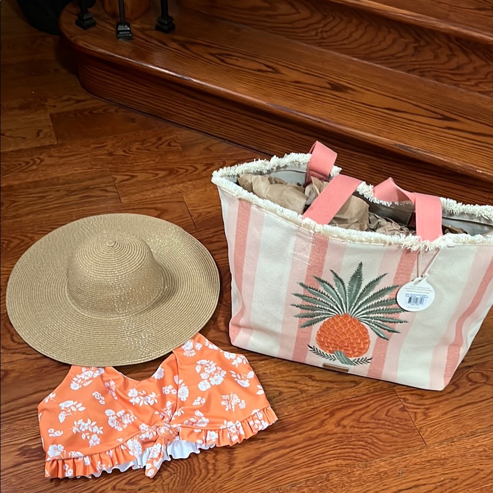 Zaful Floral Orange & White Tie Front Ruffled Crop Swim Tank Top Size 8